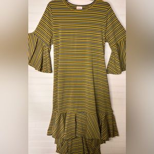LulaRoe Large Maurine swing dress blue and yellow gold stripes ruffles BNWOT